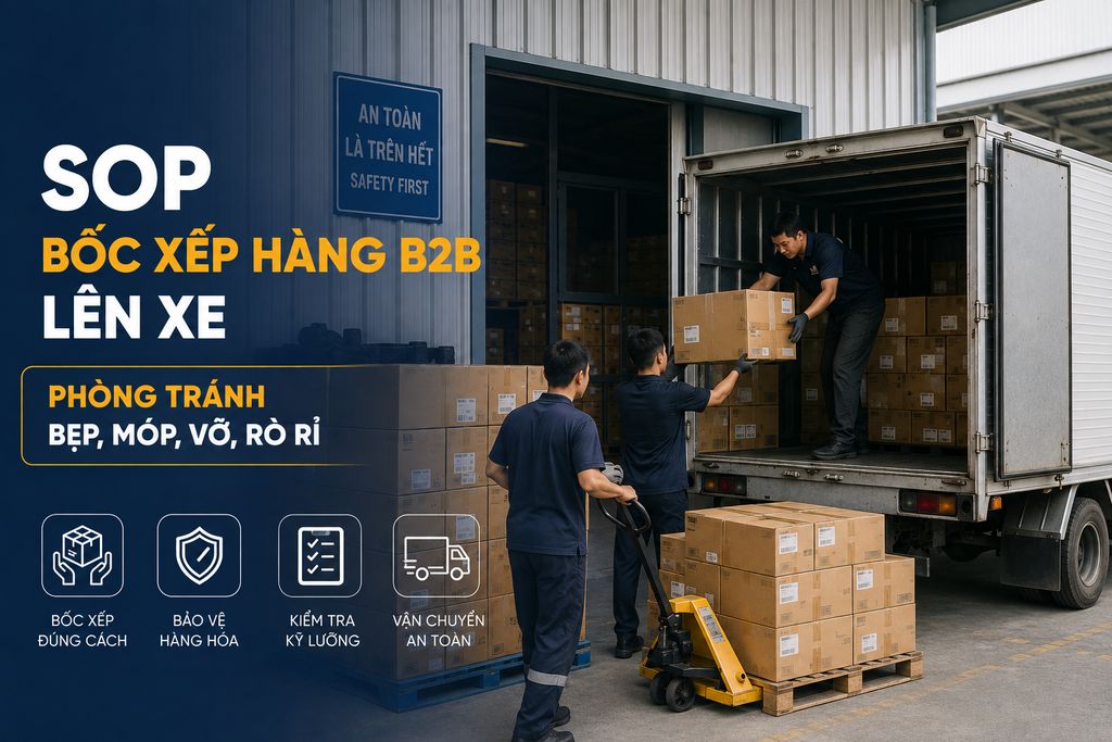 SOP bốc xếp hàng B2B lên xe — Phòng tránh bẹp, móp, vỡ, rò rỉ